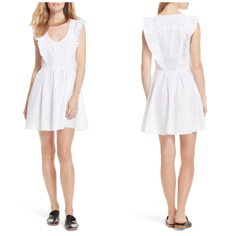 FREE PEOPLE *Half Moon* white cotton embroidered ruffle mini sun dress L